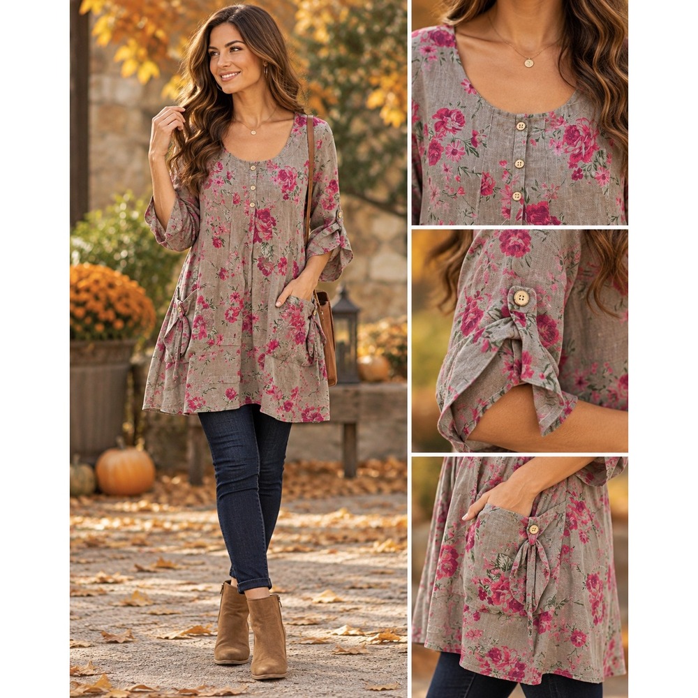 Made in Italy 100% Linen Floral Tunic Top Pink Rose Grey L Boho Pockets